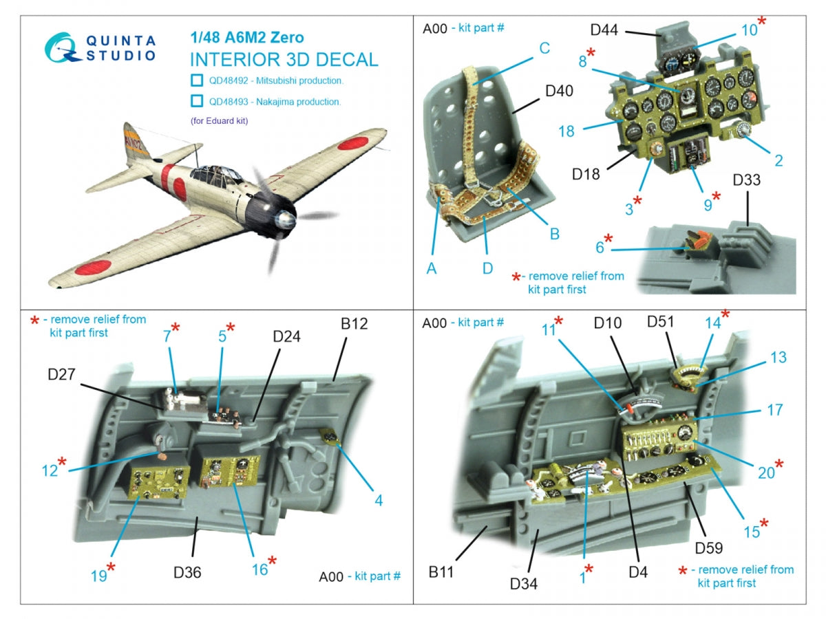 Quinta Studio QD48492 A6M2 Zero Mitsubishi Production 3D-Printed colored Interior on decal paper (Eduard) 1/48 – image 2