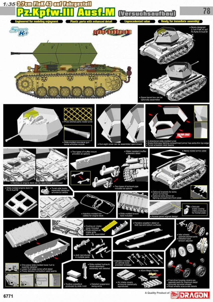 Cyber Hobby 6771 3.7cm FlaK 43 auf Fahrgestell, Pz.Kpfw.III Ausf.M (Versuchsaufbau) 1/35 – Bild 3