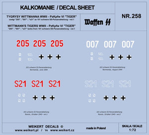 Weikert Decals DEC258 WITTMANN&amp;#39;S TIGERS - Pzkpfw VI TIGER tank - 101 schwere SS-Panzerabteilung - vol.1 1/72