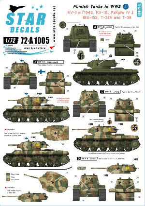 Star Decals 72-A1005 Chars finlandais de la Seconde Guerre mondiale n° 1. KV-1 m/1942, KV-1E, ISU-152, PzKpfw IV Ausf J, T-37A et T-38 1/72