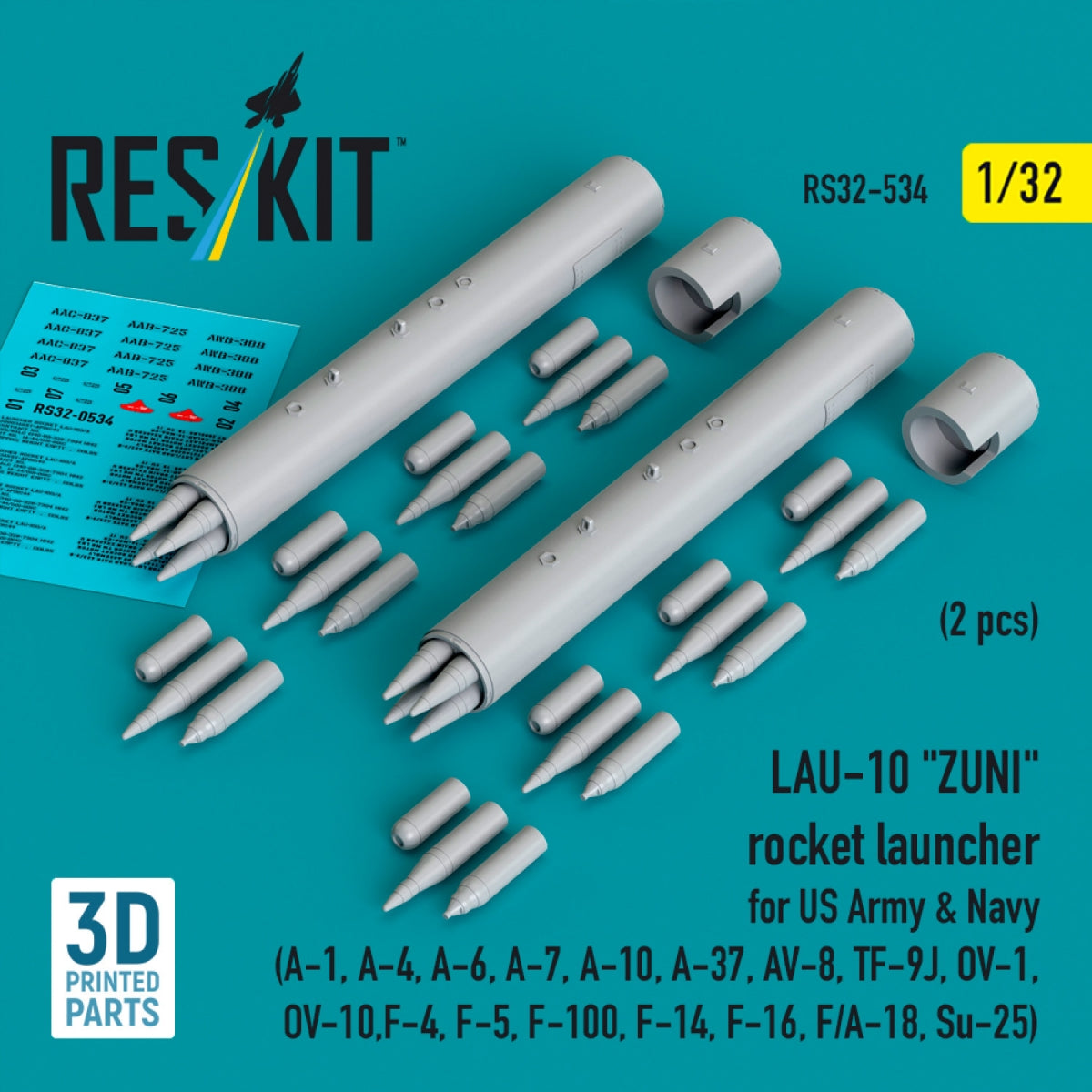 RESKIT RS32-0534 LAU-10 "ZUNI" rocket launcher for US Army & Navy (2 pcs) (A-1, A-4, A-6, A-7, A-10, A-37, AV-8, TF-9J, OV-1, OV-10, F-4, F-5, F-100, F-14, F-16, F/A-18, Su-25) (3D Printed) 1/32