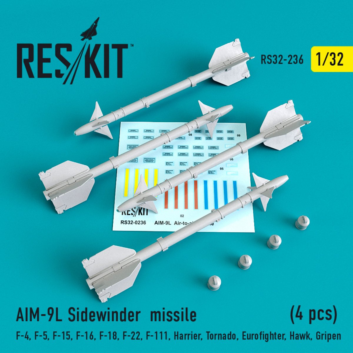 RESKIT RS32-0236 AIM-9L SIDEWINDER MISSILES (4PCS) 1/32
