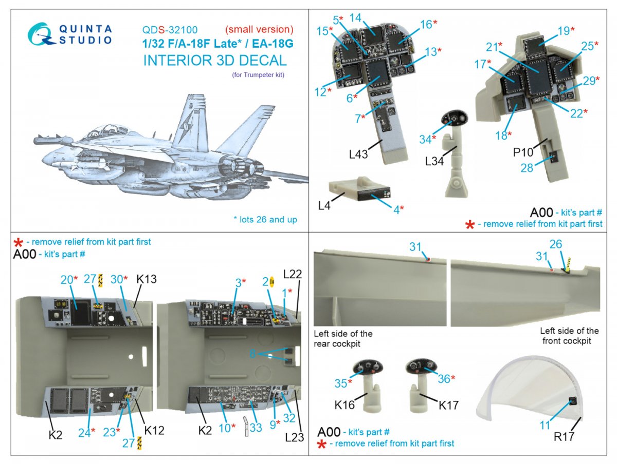 Quinta Studio QDS-32100 F/A-18F late / EA-18G 3D-Printed &amp;amp; colored Interior on decal paper (Trumpeter) (Small version) 1/32 – imagen 2