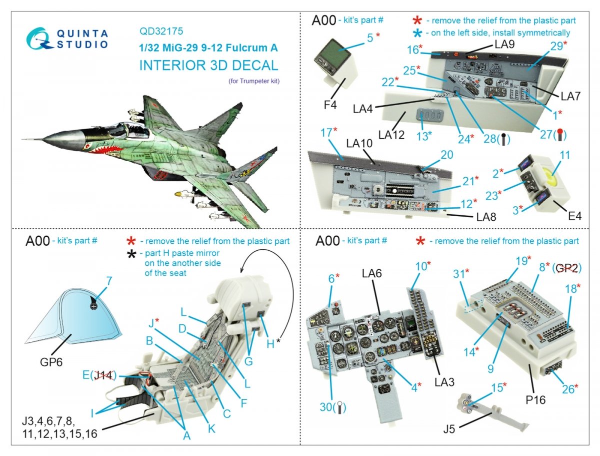 Quinta Studio QD32175 MiG-29 9-12 Fulcrum A 3D-Printed &amp;amp; colored Interior on decal paper (Trumpeter) 1/32 – image 8