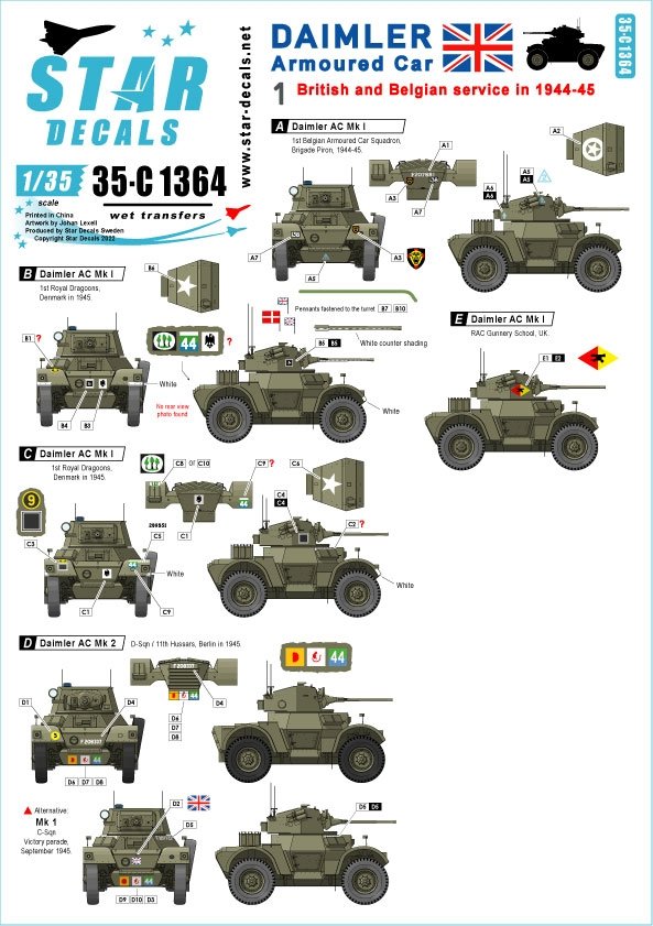 Star Decals 35-C1364 Daimler Armored Car 1 British and Belgian service in WW2 1/35