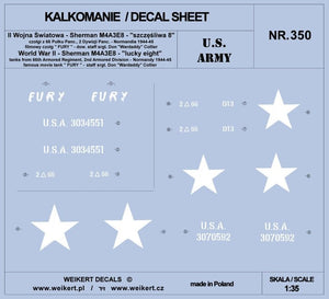 Weikert Decals DEC350 US ARMY - Sherman M4A3E8 tank, famous movie tank &amp;quot;FURY&amp;quot; 1/35