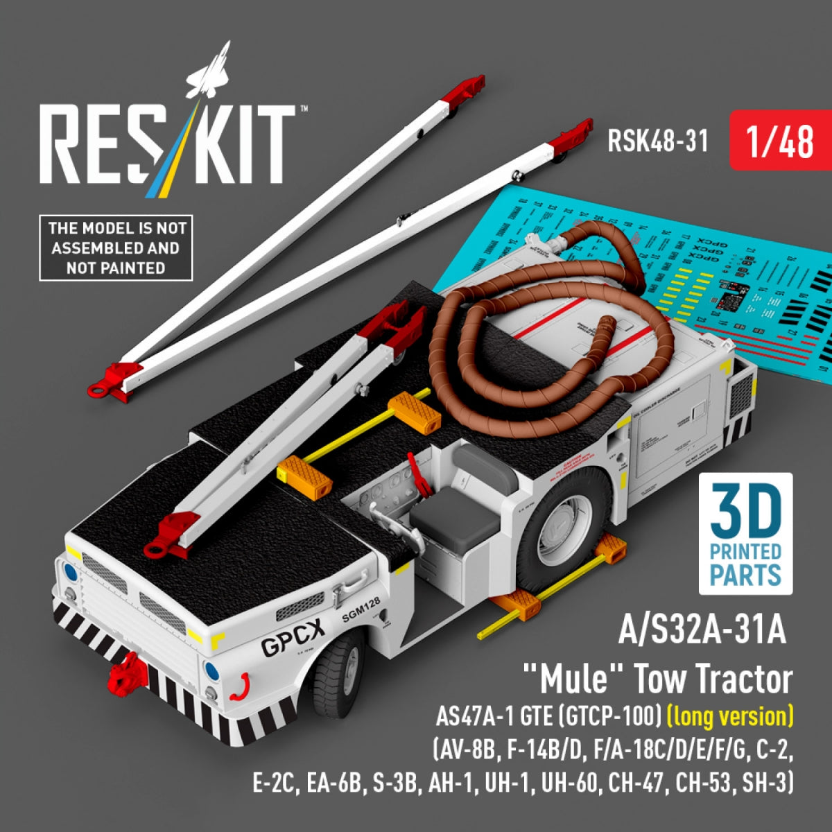 RESKIT RSK48-0031 A/S32A-31A "Mule" Tow Tractor AS47A-1 GTE (GTCP-100) (long version) (AV-8B, F-14B/D, F/A-18C/D/E/F/G, C-2, E-2С, EA-6B, S-3B, AH-1, UH-1, UH-60, CH-47, CH-53, SH-3) (3D Printed model kit) 1/48