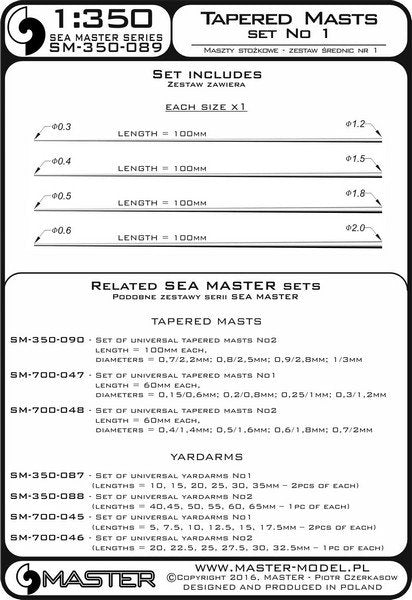 Master SM-350-089 Set of universal tapered masts No1 (length = 100mm each, diameters = 0.3/1.2mm; 0.4/1.5mm; 0.5/1.8mm; 0.6/2mm) 1/350 – obrázek 3