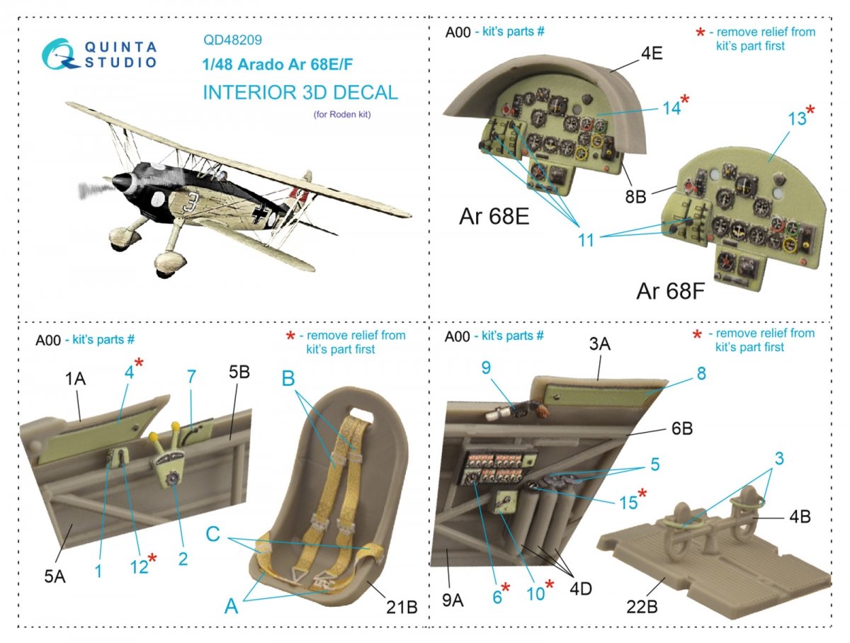 Quinta Studio QD48209 Arado Ar 68 E/F 3D-Printed &amp;amp; colored Interior on decal paper (Roden) 1/48 – image 10