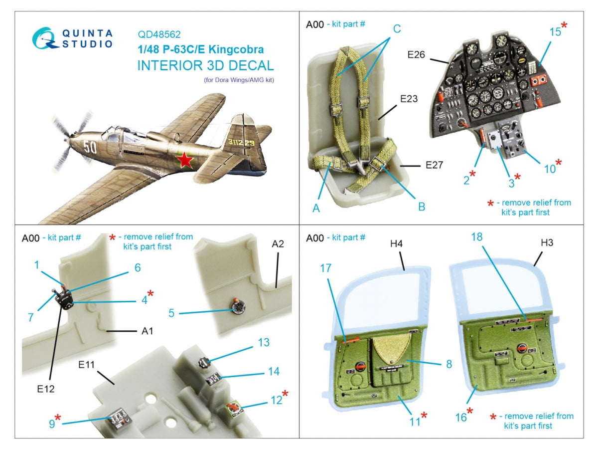 Quinta Studio QD48562 P-63C/E Kingcobra 3D-Printed &amp;amp; colored Interior on decal paper (Dora Wings/AMG) 1/48 – Bild 5