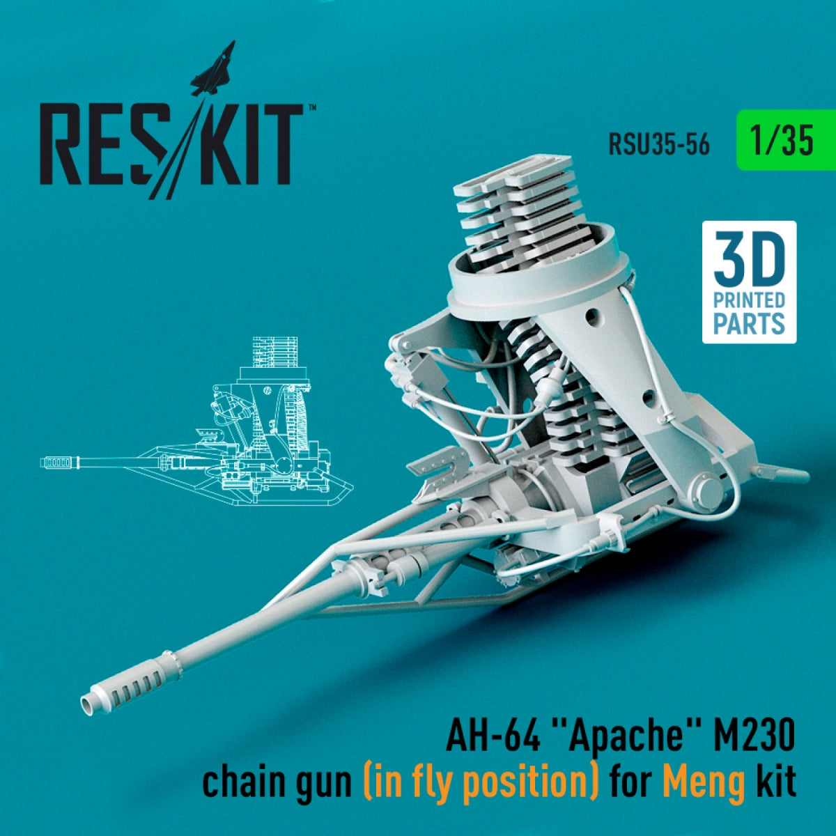 RESKIT RSU35-0056 AH-64 "APACHE" M230 CHAIN ​​GUN (IN FLY POSITION) FOR MENG KIT (3D PRINTED) 1/35