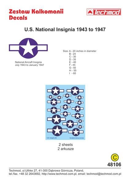 Techmod 48106 U.S National Insignia od 1943 1/48