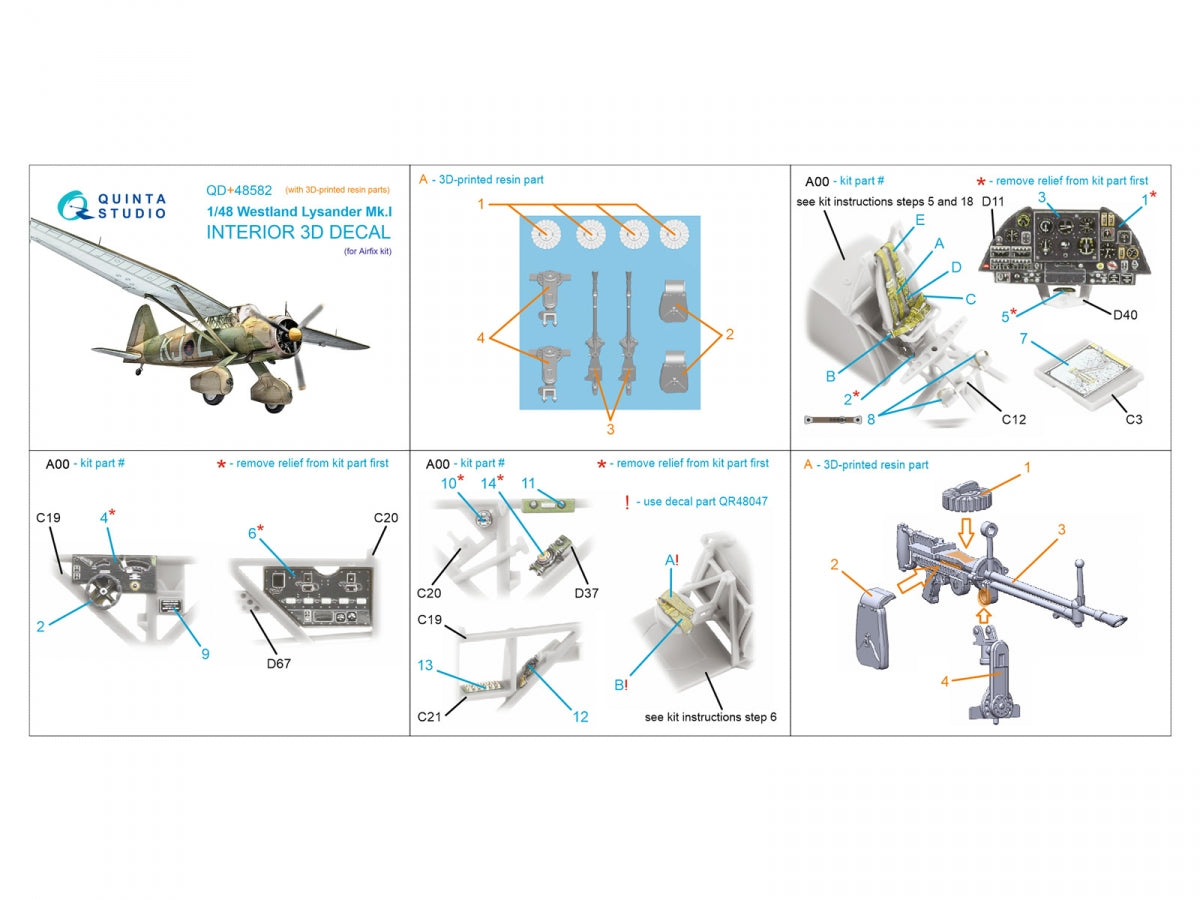 Quinta Studio QD+48582 Westland Lysander Mk.I 3D-Printed &amp;amp; colored Interior on decal paper (Airfix) (with 3D-printed resin parts) 1/48 – immagine 14