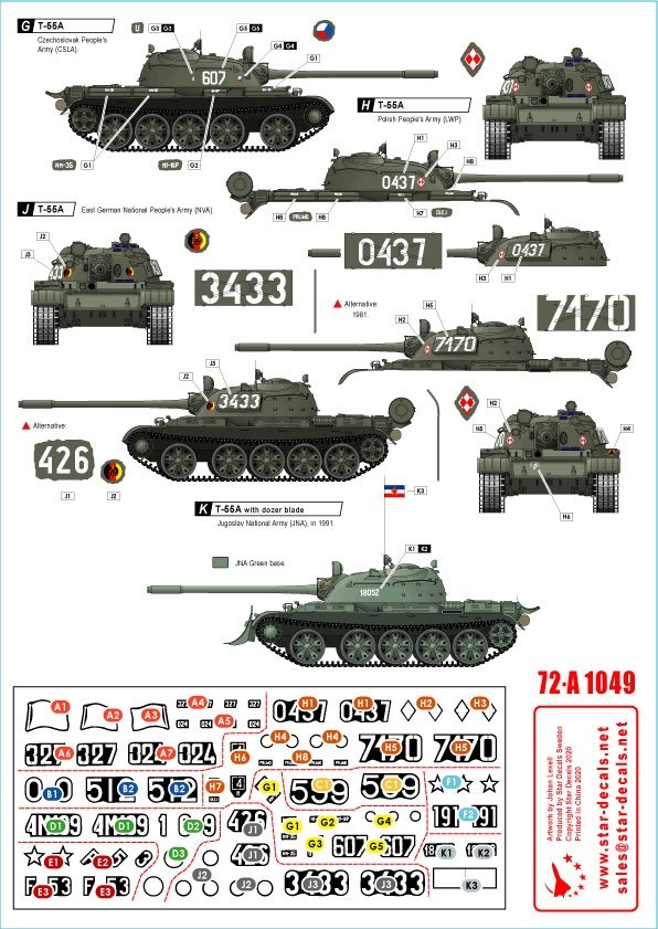 Star Decals 72-A1049 T-55A Cold War. Soviet (Army and Naval Infantry), Poland, Hungary, Jugoslavia, Czechoslovakia, Germany-DDR and Romania. 1/72 – image 2
