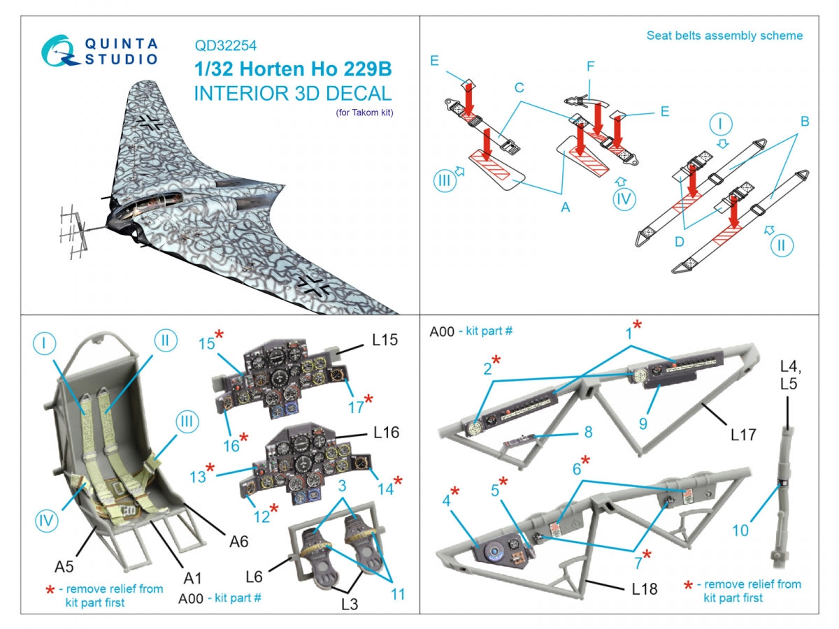 Quinta Studio QD32254 Horten Ho 229B 3D-Printed &amp;amp; colored Interior on decal paper (Takom) 1/32 – Bild 10