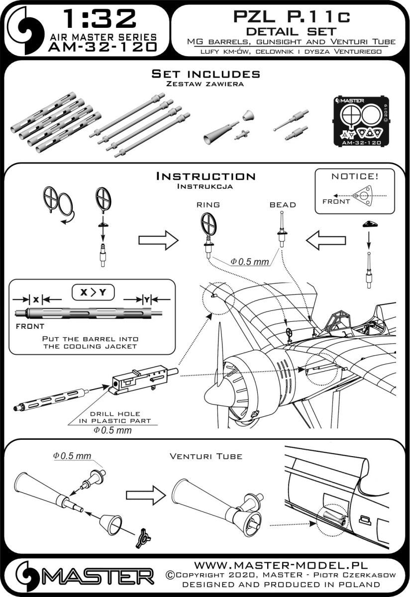 Master AM-32-120 PZL P.11c - detail set - wz. 33 rifle barrels, sights and Venturi nozzle (for IBG model) 1/32 – obrázek 7