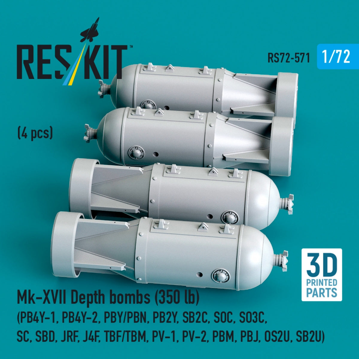 RESKIT RS72-0571 Mk-XVII Depth bombs (350 lb) (4 pcs) (PB4Y-1, PB4Y-2, PBY/PBN, PB2Y, SB2C, SOC, SO3C, SC, SBD, JRF, J4F, TBF/TBM, PV-1, PV-2, PBM, PBJ, OS2U, SB2U) (3D Printed) 1/72