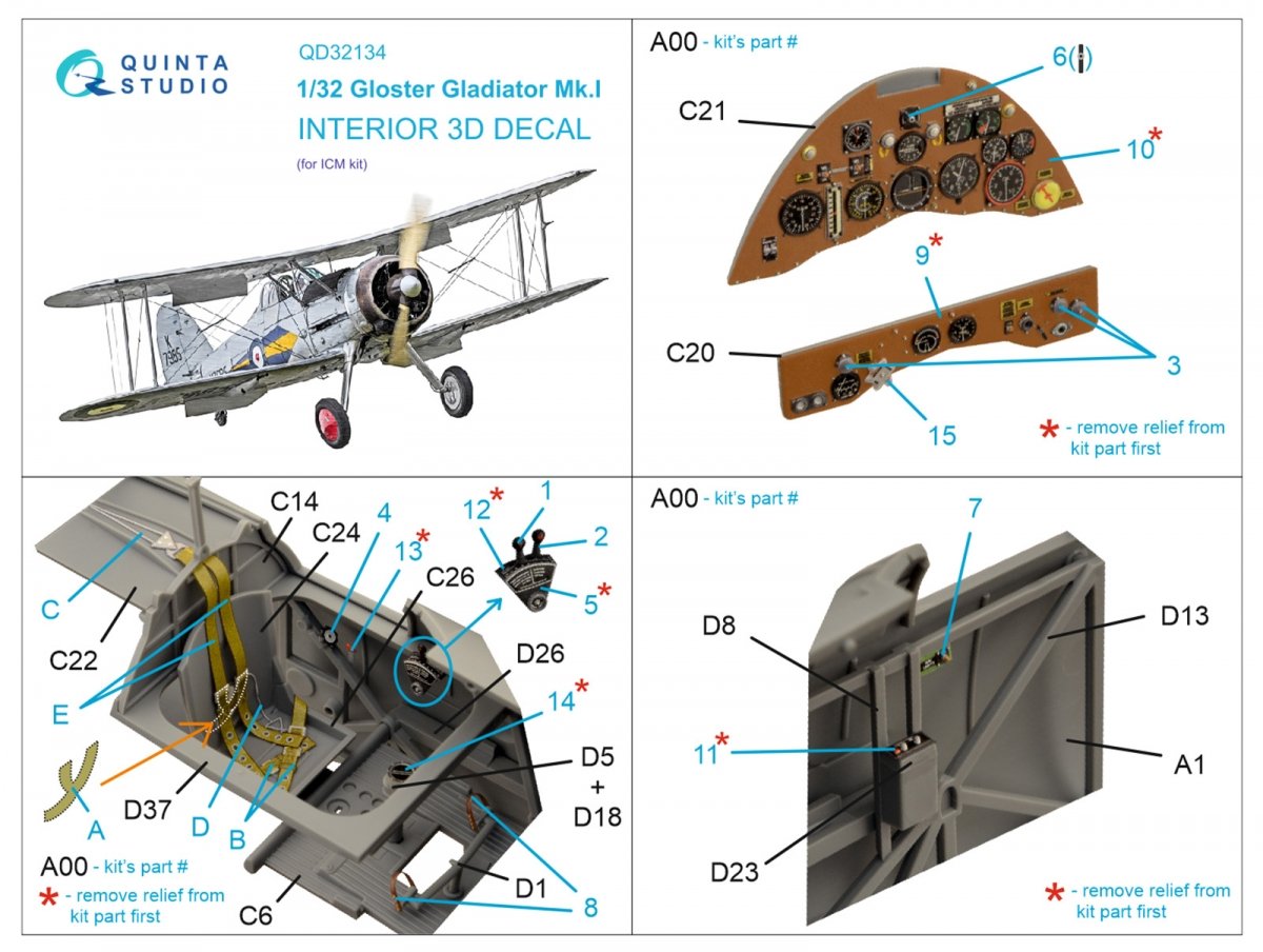 Quinta Studio QD32134 Gloster Gladiator Mk I 3D-Printed &amp;amp; colored Interior on decal paper (ICM) 1/32 – image 6