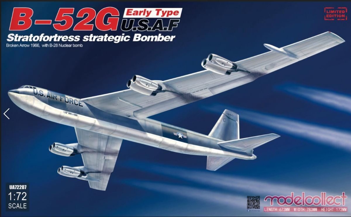 Modelcollect UA72207 B-52G early type USAF stratofortress strategic bomber Broken Arrow 1966, with B-28 Nuclear bomb (1/72)