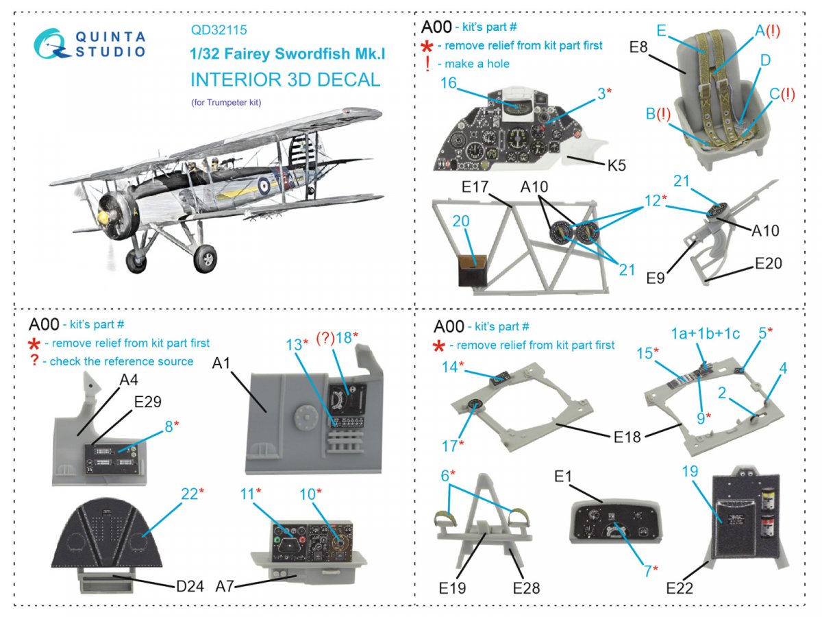Quinta Studio QD32115 Fairey Swordfish Mk.I 3D-Printed &amp;amp; colored Interior on decal paper (Trumpeter) 1/32 – immagine 2