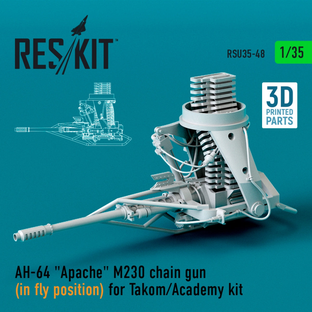 RESKIT RSU35-0048 AH-64 "APACHE" M230 CHAIN ​​GUN (IN FLY POSITION) FOR TAKOM/ACADEMY KIT (3D PRINTED) 1/35