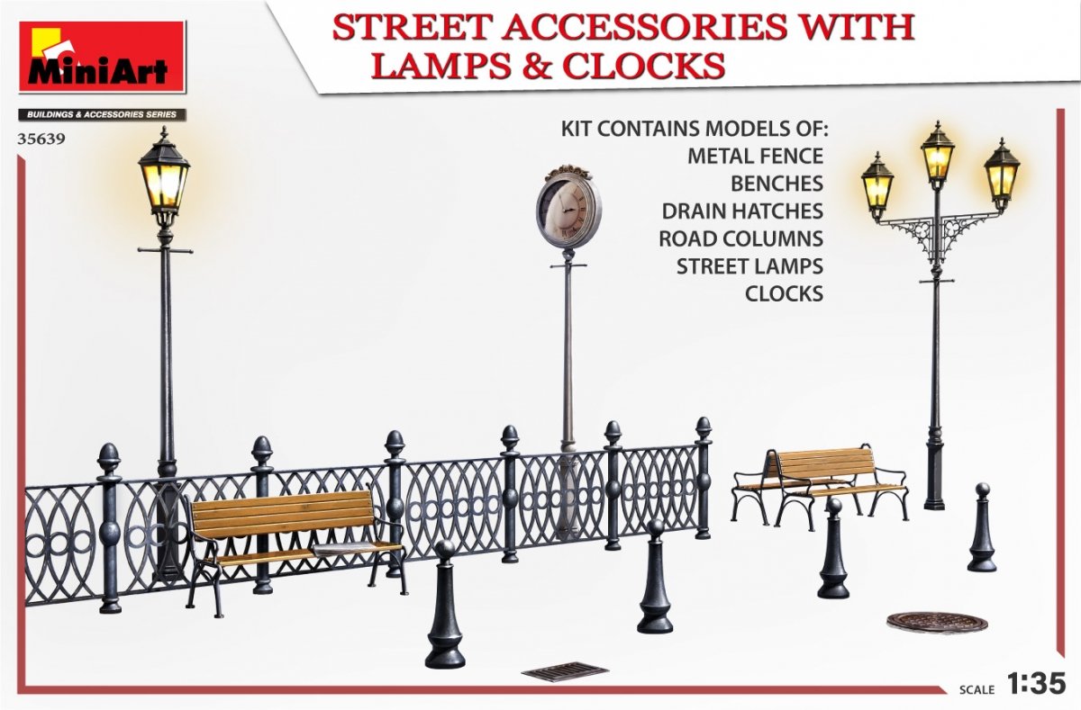 MiniArt 35639 STREET ACCESSORIES WITH LAMPS &amp;amp; CLOCKS 1/35 – immagine 4