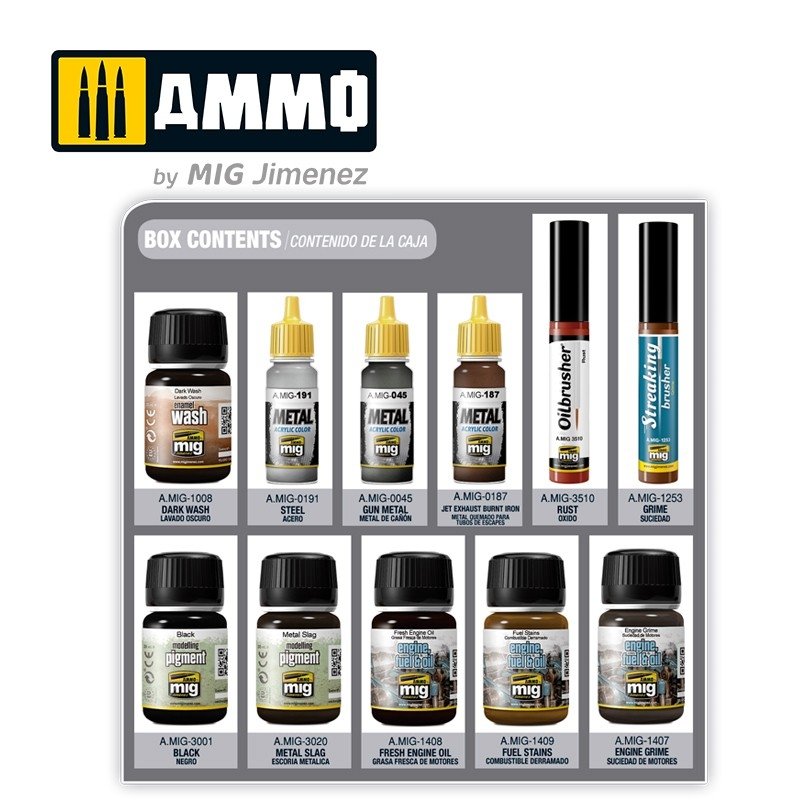 AMMO of Mig Jimenez 7804 SUPER PACK. WEATHERING FOR ENGINES. EFECTOS PARA MOTORES – image 2