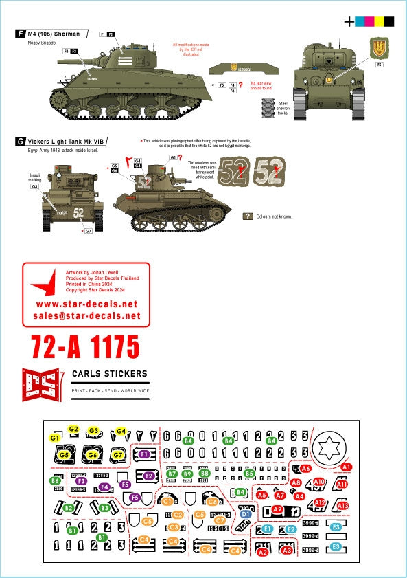 Star Decals 72-A1175 Early IDF markings # 2. Israeli armored cars and AFVs in 1948-49. Sherman 75mm, Sherman 105mm, Cromwell Mk IVF, Hotchkiss 39 H, Vickers Light Tank Mk VI B. 1/72 – image 2