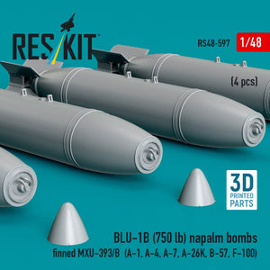RESKIT RS48-0597 BLU-1B (750 lb) napalm bombs finned MXU-393/B (4 pcs) (A-1, A-4, A-7, A-26K, B-57, F-100) (3D Printed) 1/48
