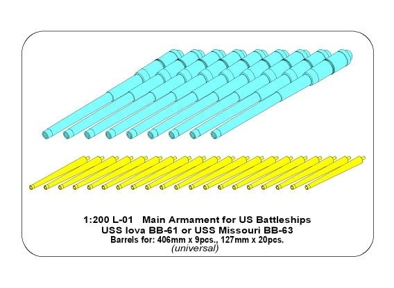 Aber 200L-01 Main Armament for US battleship Iova or Missouri 406mm x9, 127mm x20 1/200 – obrázek 7