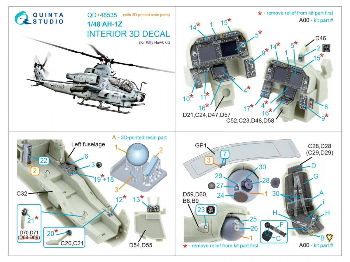 Quinta Studio QD+48535 AH-1Z Zulu Cobra/Viper 3D-Printed &amp;amp; colored Interior on decal paper (KittyHawk) (with 3D-printed resin parts) 1/48 – image 13