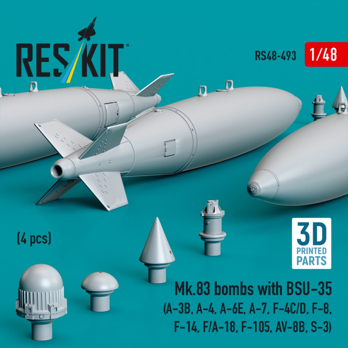 RESKIT RS48-0493 Mk.83 bombs with BSU-35 (4 pcs) (3D printed) 1/48 – obrázek 2