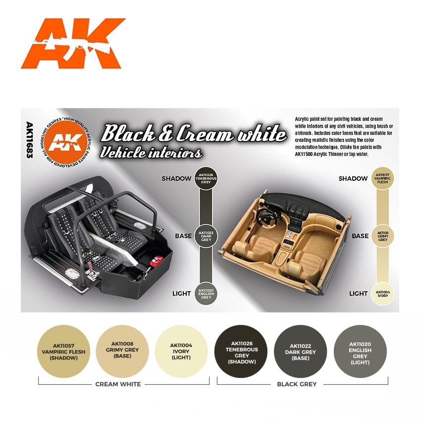 AK Interactive AK11683 3G BLACK &amp;amp; CREAM WHITE VEHICLE INTERIORS 6x17 ml – image 2