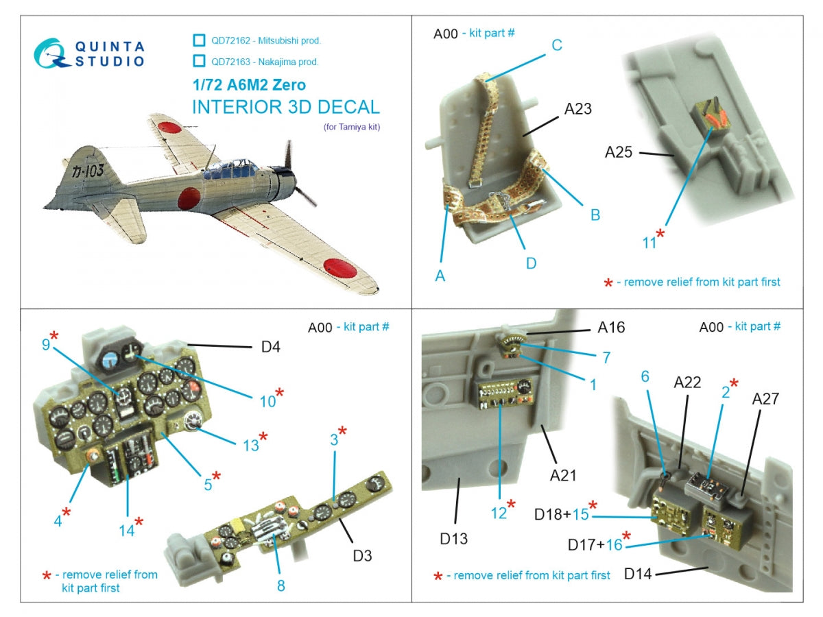 Quinta Studio QD72163 A6M2 Zero (Nakajima Prod.) 3D-Printed colored Interior on decal paper (Tamiya) 1/72 – Bild 10