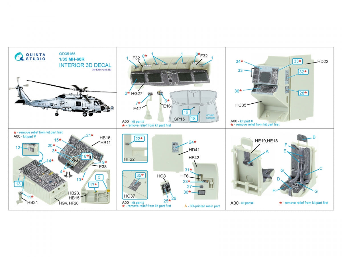 Quinta Studio QD35166 МН-60R Seahawk 3D-Printed &amp; coloured Interior on decal paper (Kitty Hawk) 1/35