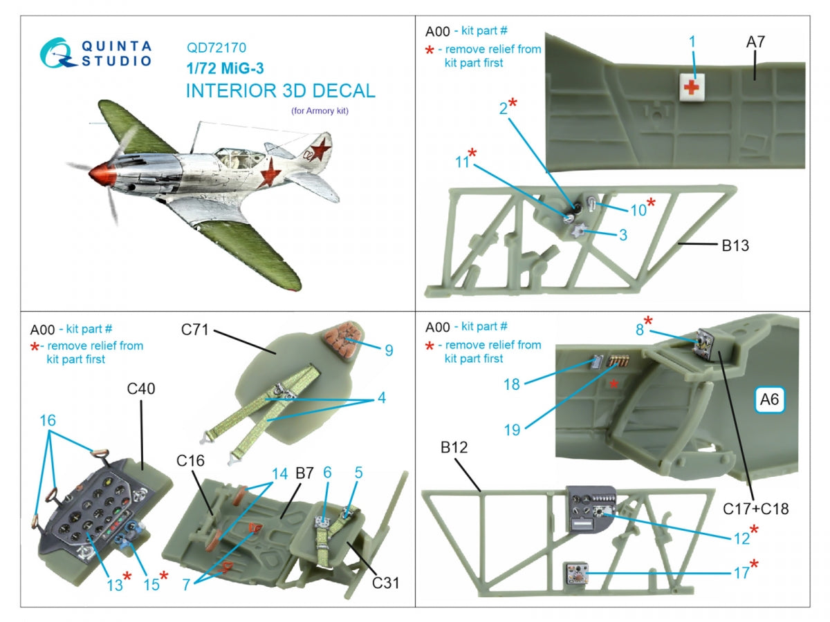 Quinta Studio QD72170 MiG-3 3D-Printed colored Interior on decal paper (Armory) 1/72 – immagine 9