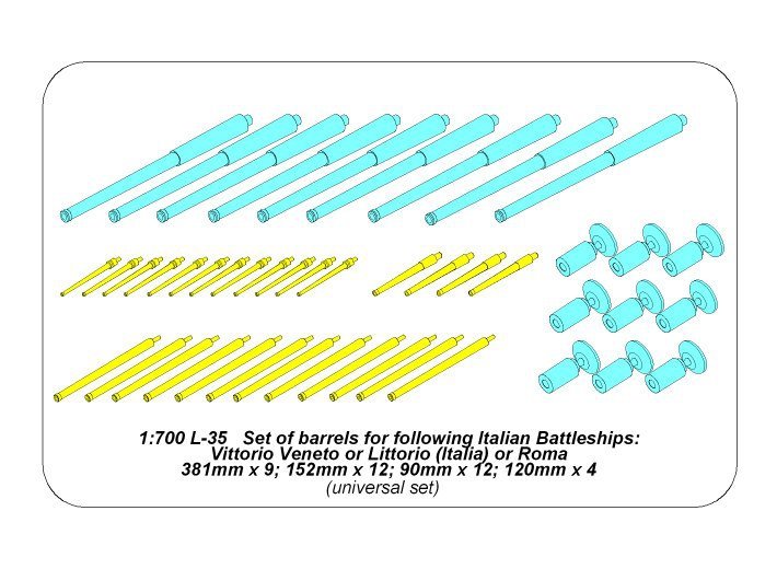 Aber 700 L-35 Set of barrels for Italian Battleship: RN Roma or Littorio or Vittorio Veneto 381mm x 9, 152mm x 12, 90mm x 12 1/700 – Bild 12