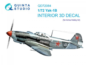 Quinta Studio QD72084 Yak-1B 3D-Printed &amp;amp; colored Interior on decal paper (Arma Hobby) 1/72