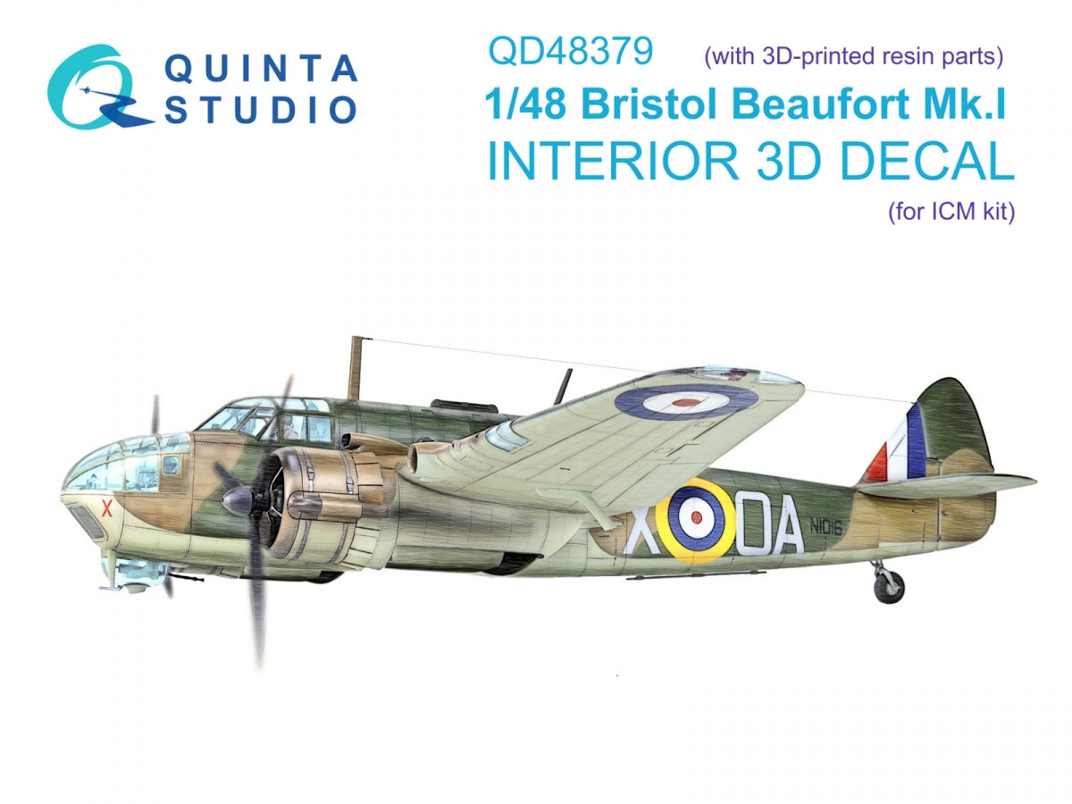 Quinta Studio QD+48379 Bristol Beaufort Mk.I 3D-Printed &amp;amp; colored Interior on decal paper (ICM) (with 3D-printed resin parts) 1/48