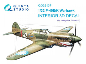 Quinta Studio QD32137 P-40E/K 3D-Printed &amp;amp; colored Interior on decal paper (Hasegawa) 1/32