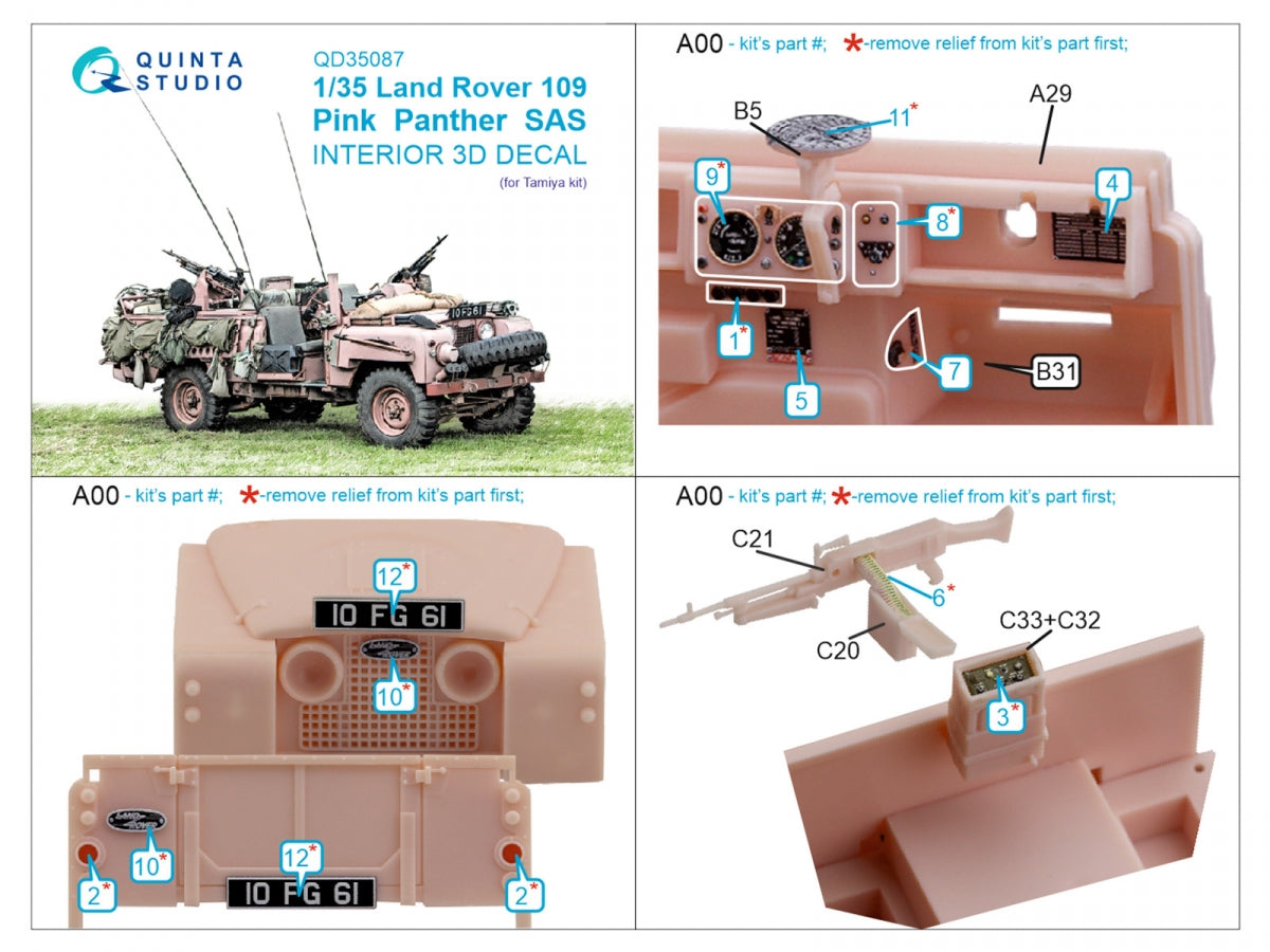 Quinta Studio QD35087 Land Rover 109 Pink Panther SAS 3D-Printed &amp;amp; colored Interior on decal paper (Tamiya) 1/35 – Bild 2