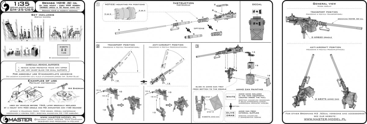 Master GM-35-069 Browning M2HB .50 cal (12.7mm) - machine gun with tank mount - early WWII period (D69820 cradle with D68375 small ammo box) 1/35 – obrázek 16