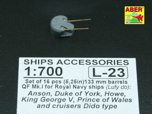 Aber 1/700L-23 Set of 16 pcs 133mm (5,25in) barrels QF Mk.1 for Royal Navy King George V class battleships cruisers Dido type 1/700 – zdjęcie 2