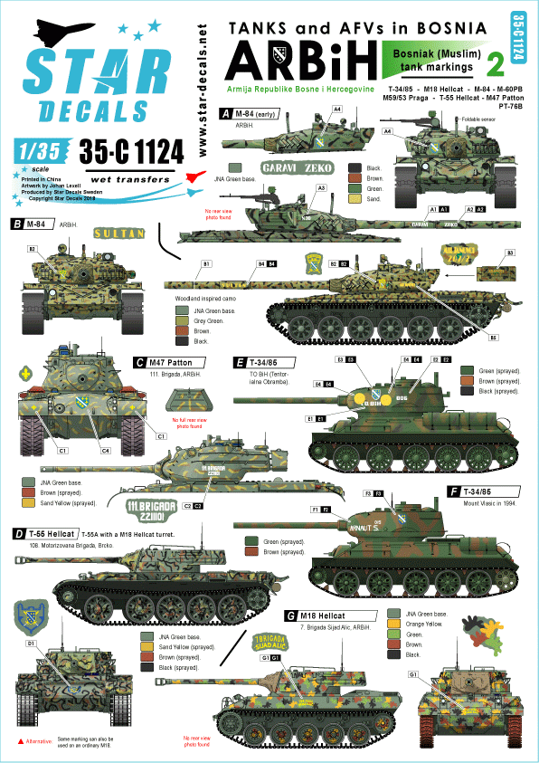 Star Decals 35-C1124 ARBiH (Muslim). T-34/85, M18 Hellcat, T-55/Hellcat, M-84, M-60PB, M53/59 Prague, PT-76B, M47 Patton 1/35