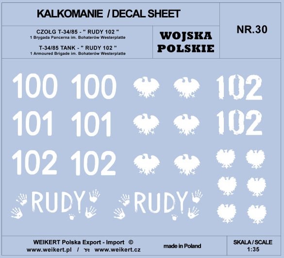 Weikert Decals DEC230 POLISH ARMY - T-34/85 TANK, RUDY 102 / 1st Armored Brigade 1/35