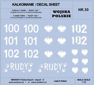 Weikert Decals DEC230 POLISH ARMY - T-34/85 TANK, RUDY 102 / 1st Armored Brigade 1/35