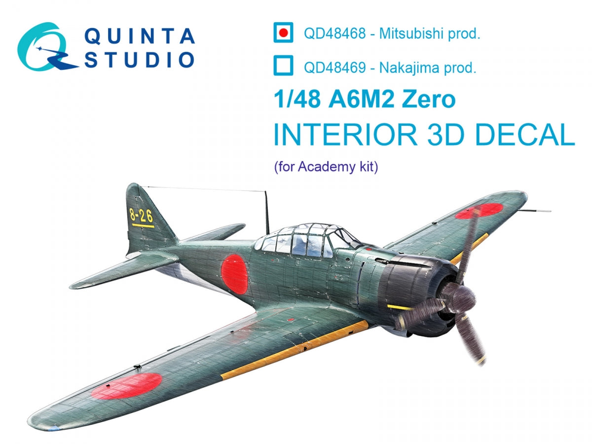 Quinta Studio QD48468 A6M2 Zero (Mitsubishi Prod.) 3D-Printed colored Interior on decal paper (Academy) 1/48