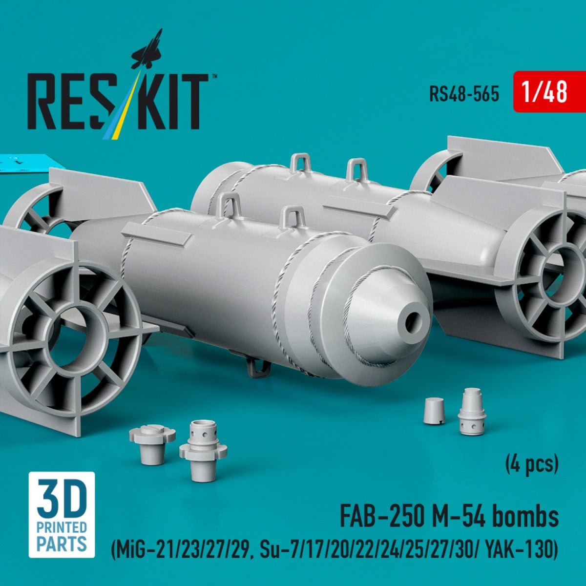 RESKIT RS48-0565 FAB-250 М-54 bombs (4 pcs) (MiG-21/23/27/29, Su-7/17/20/22/24/25/27/30/ YAK-130) (3D Printed) 1/48