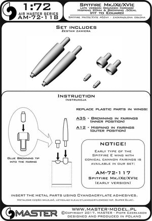 Master AM-72-118 Spitfire Mk.IXe/XVIe late version (rounded mantlet) - Hispano 20mm cannon barrels and Browning .50cal MG barrels in mantlets (fits Eduard model) (1/72) – obrázek 3