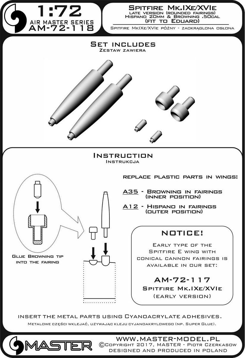 Master AM-72-118 Spitfire Mk.IXe/XVIe late version (rounded mantlet) - Hispano 20mm cannon barrels and Browning .50cal MG barrels in mantlets (fits Eduard model) (1/72) – obrázek 3